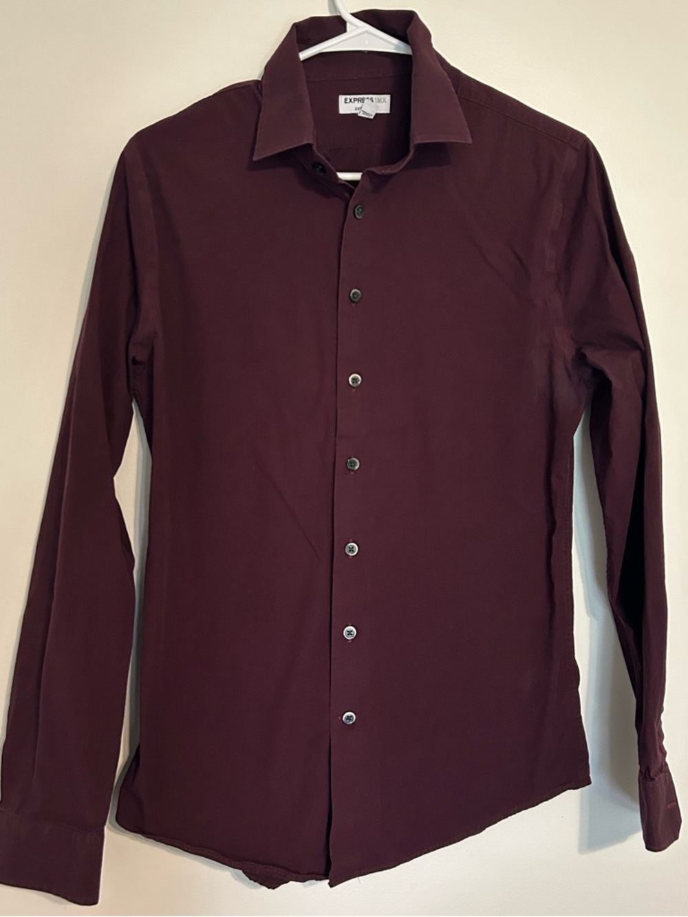 Express 1MX Men’s Long-Sleeve Button-Up Shirt -Burgundy S/P Extra Slim 14-14 1/2